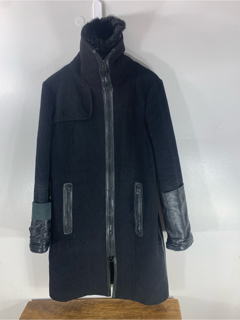 RUDSAK Black Wool Winter Coat Genuine Leather Sleeves Fur Hood Size L
